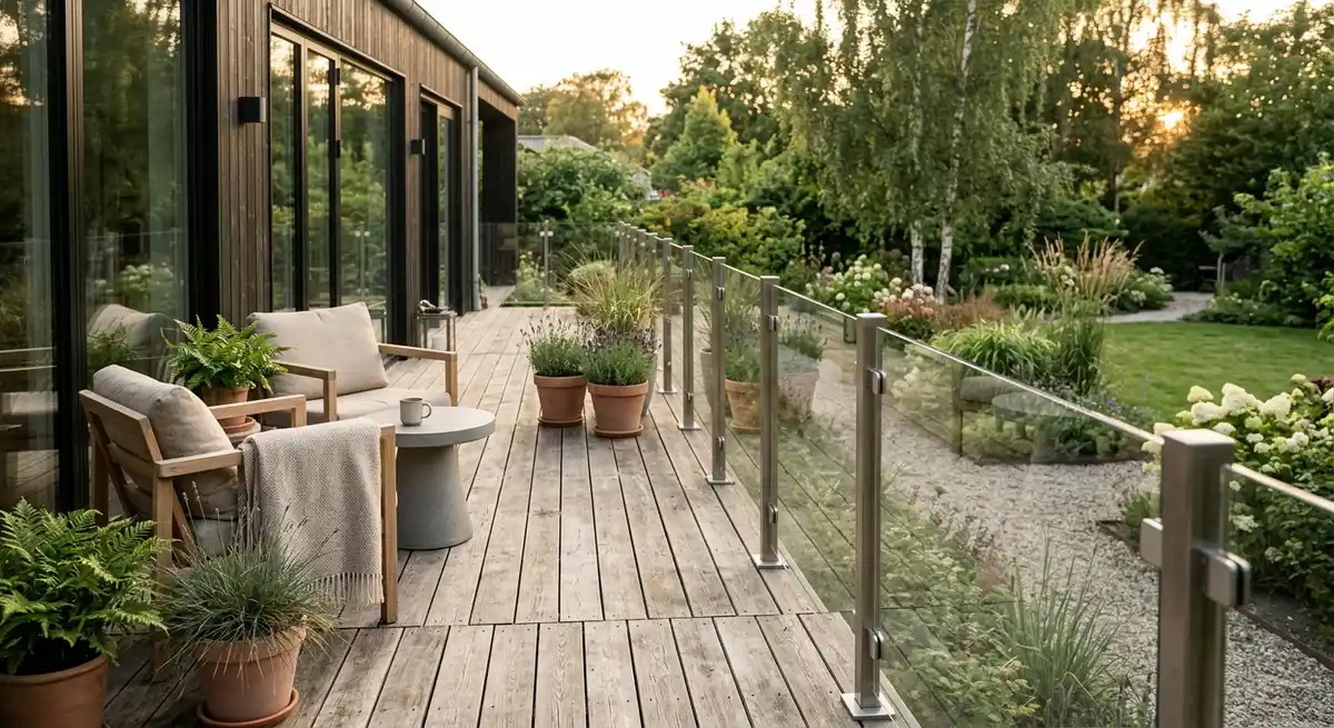 Stilrent og professionelt glasværn i høj kvalitet monteret på en moderne dansk træterrasse med udsigt til haven